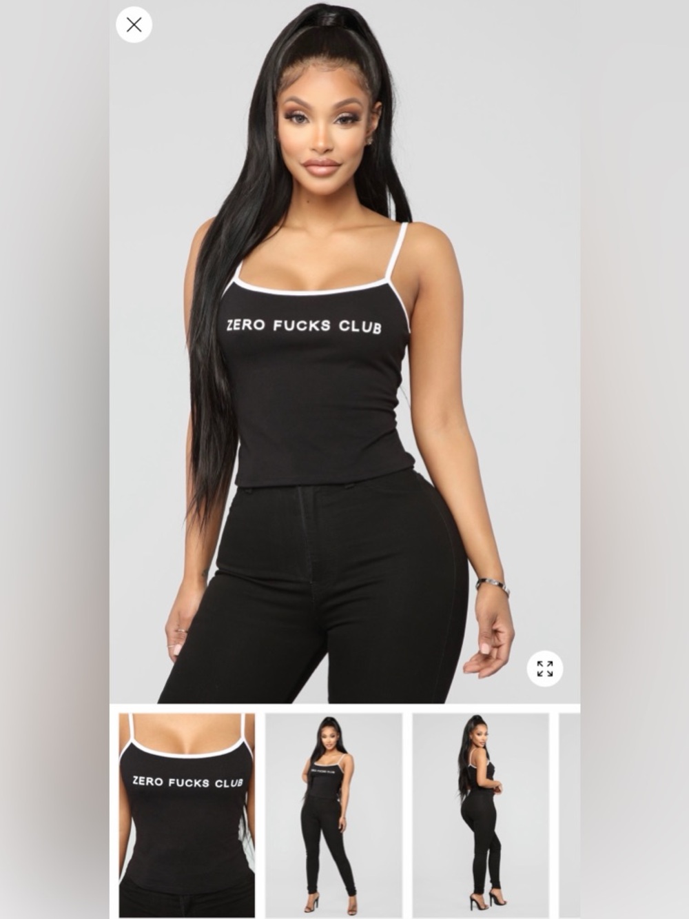 Fashion Nova Black Cami Tank with White Trim and 'Zero Fucks Club' Text